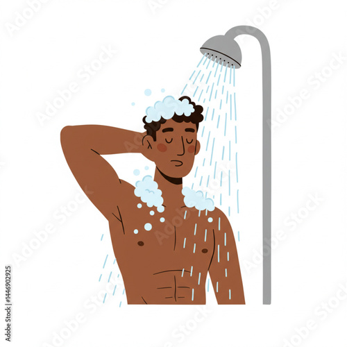 Cartoon Illustration of Male Showering in Relaxed Bathroom Scene