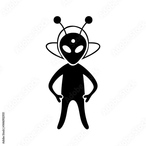 Monochrome alien with antennas and headgear standing with hands on hips