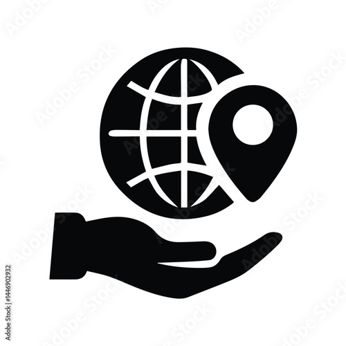 Global Location Icon. Hand Holding World Map with Pin Symbol.