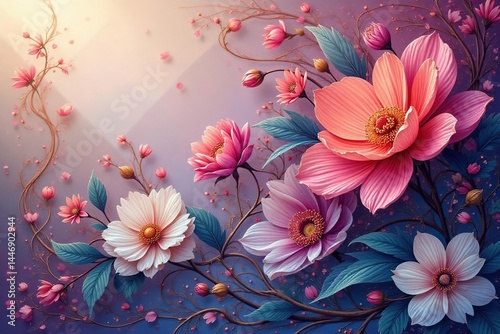 Delicate intertwined floral motif,flowing lines, flower, textile, texture