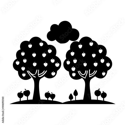 Stylized monochrome vector image of apple trees with cloud overhead