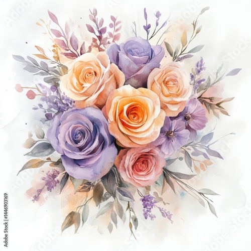 Beautiful Watercolor Floral Arrangement with Roses and Lavender