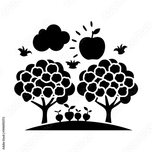 Black and White Orchard Scene with Sun, Cloud, and Apple Trees