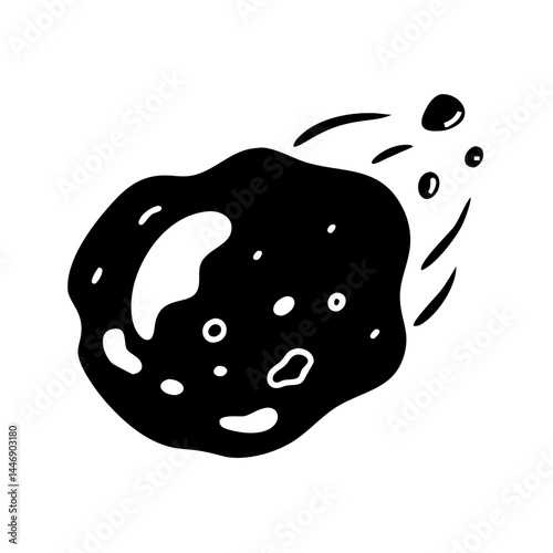 Stylized vector drawing of a black asteroid or space rock with trail