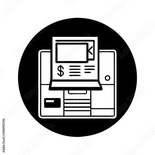 Minimalist ATM machine icon graphic in black and white digital artwork