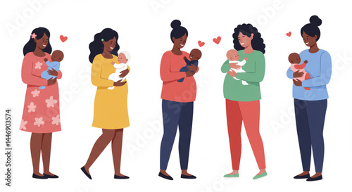 Diverse Mothers Holding Babies in Colorful Cartoon Illustration of Motherhood
