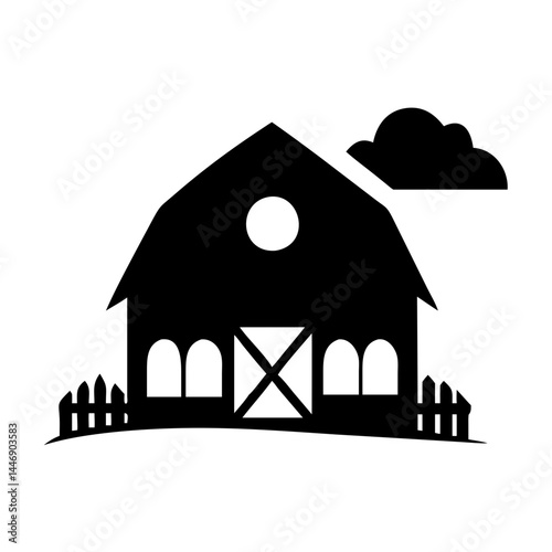 Rural barn house in black silhouette with picket fence and cloud