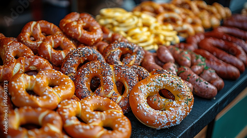 Freshly baked pretzels and sausages Rows of golden pretzels with various toppings and different types of sausages