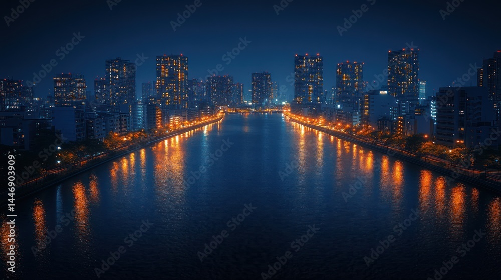 Fototapeta premium City skyline at night with water reflection and illuminated buildings.