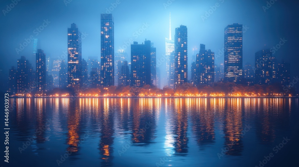 Fototapeta premium City skyline at night with building lights reflecting on water surface.