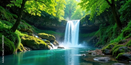 Waterfall cascades through emerald forest foliage, scenic, peaceful