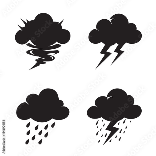 Dark stormy cloud symbols including rainstorm lightning bolts useful for print forecast UI signage projects

