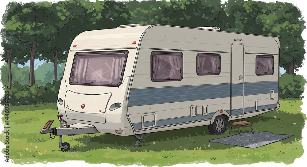 Camping with a Caravan in Nature Illustration Camping with a Caravan in Nature Illustration