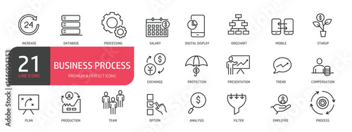 Set of line icons related to data system, project, award, document management. Outline icons collection. Editable stroke. Vector illustration.