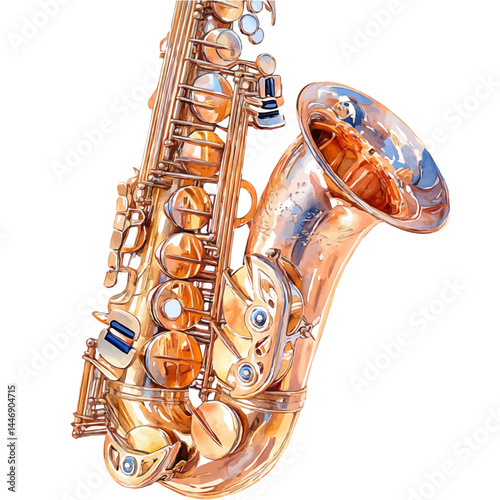 Saxophone With Gold Finish, vector watercolor illustration, isolated on a white background.