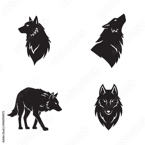 Howling lone wolf and snarling wolf head silhouette designs representing wilderness strength branding ideas

