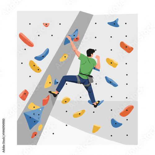 Minimalist Illustration of Man Bouldering on Indoor Climbing Wall with Colorful Holds