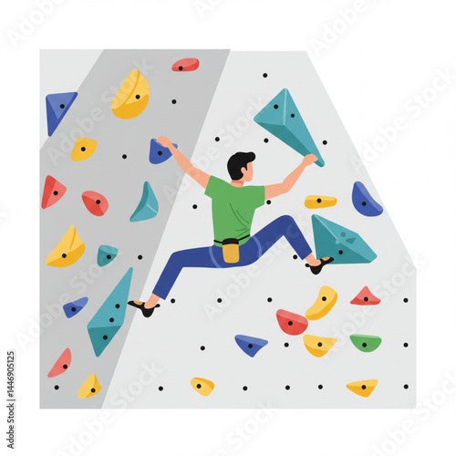 Minimalist Illustration of Man Bouldering on Indoor Climbing Wall with Colorful Holds