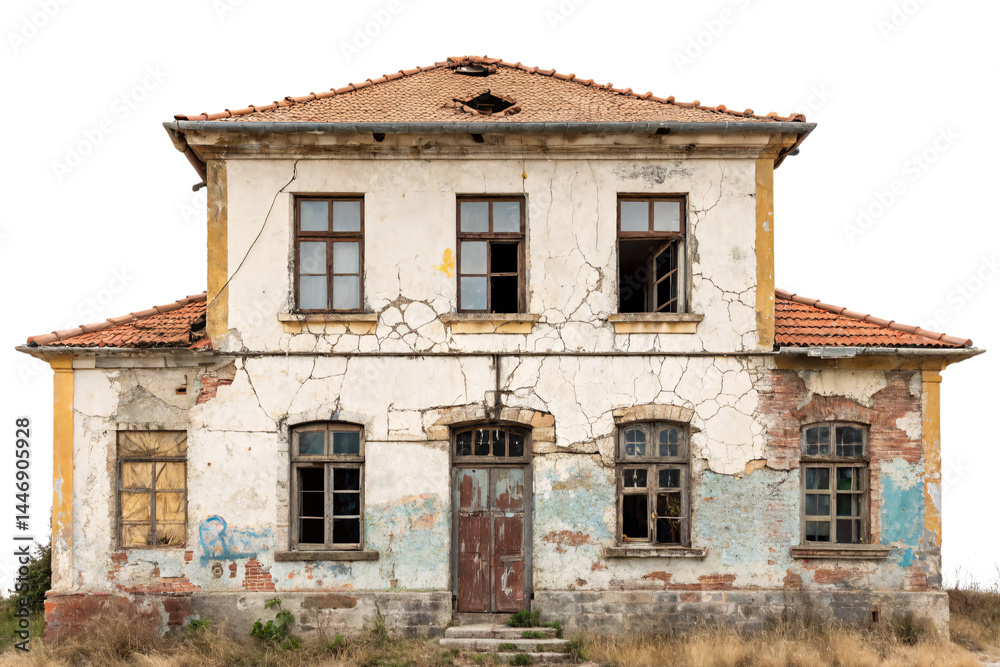 Cracked House with Tiled Roof, Deep wall cracks and faded paint tell tales of time’s toll on this forgotten home, isolated on a transparent background Cracked House with Tiled Roof, Deep wall cracks and faded paint tell tales of time’s toll on this forgotten home, isolated on a transparent background