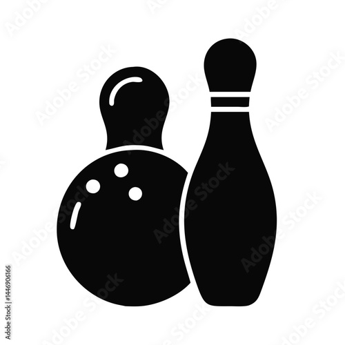 Black bowling ball and pin silhouette depicting the classic sport game