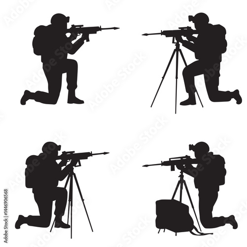 Combat men silhouettes in action-oriented military roles, sniping, and strategic aiming

