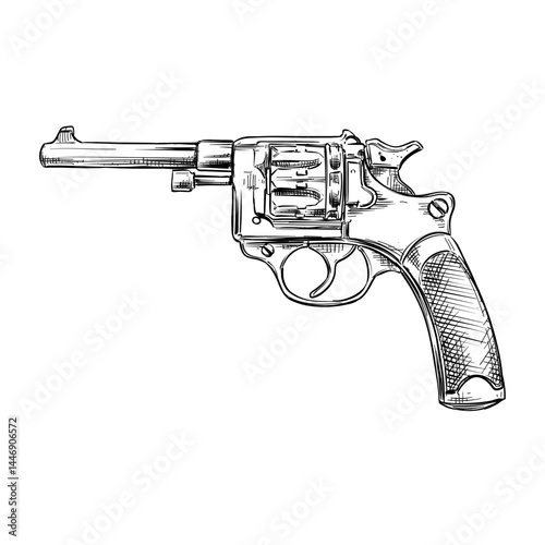 classic pistol revolver vector line art hand drawn illustration