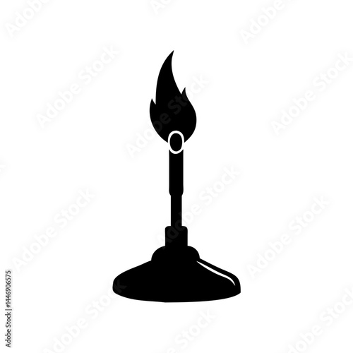 Black and white illustration of a Bunsen burner with a flame