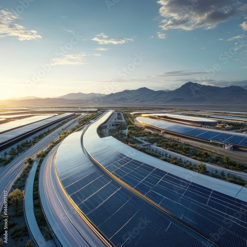 Gigafactory featuring curved architecture and sprawling solar panel arrays.
