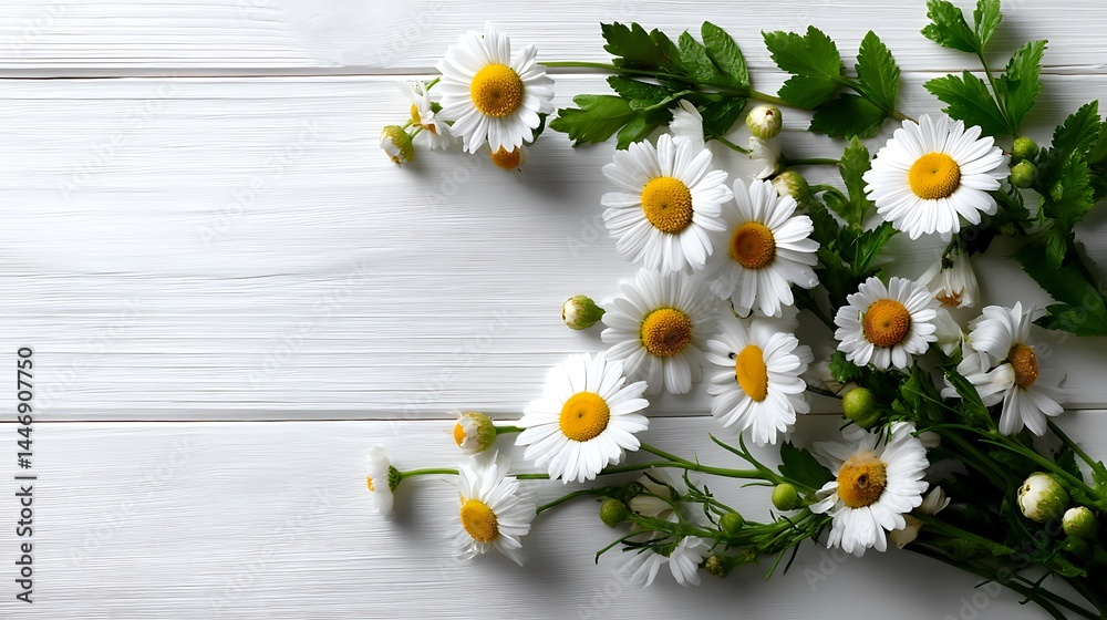 Fototapeta premium Top view floral frame on white wooden background minimal botanical poster with flower wreath layout and text ready background