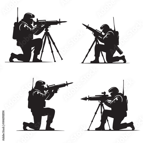 Armed military team silhouettes with rifles, snipers, and soldier gear in battlefield positions


