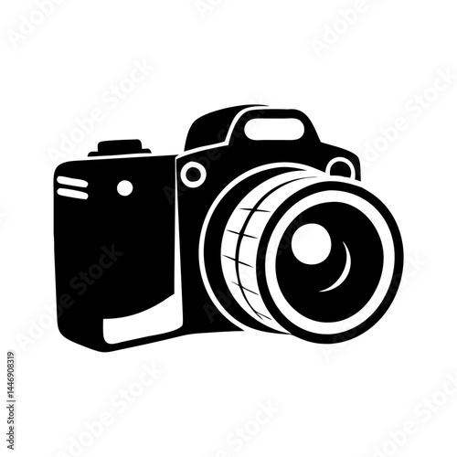 Stylized black and white drawing of a classic camera with prominent lens