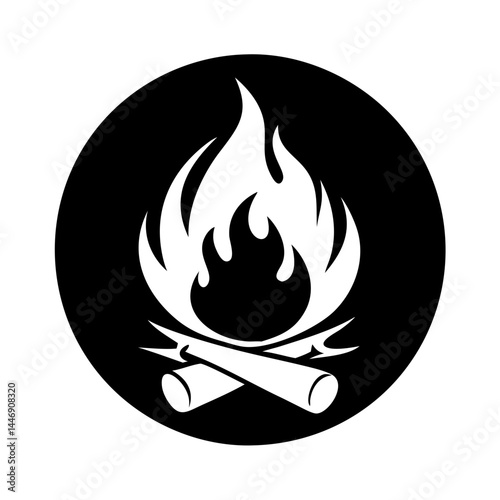 A monochrome illustration depicting a campfire with burning wood in a circle