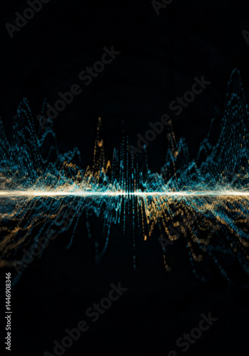 A futuristic technology background with flowing data waves made of binary code and motion blur to emphasize dynamism and speed.

