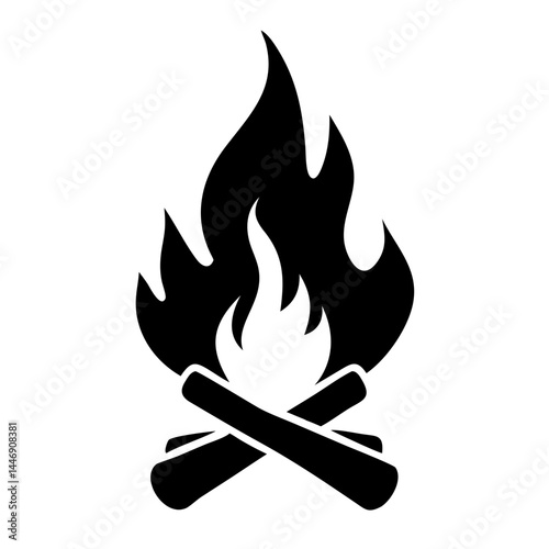 Stylized graphic illustration of a blazing campfire with crossed logs beneath