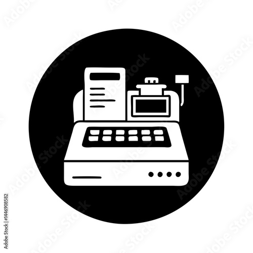 A retro monochrome vector icon depicting an old fashioned cash register