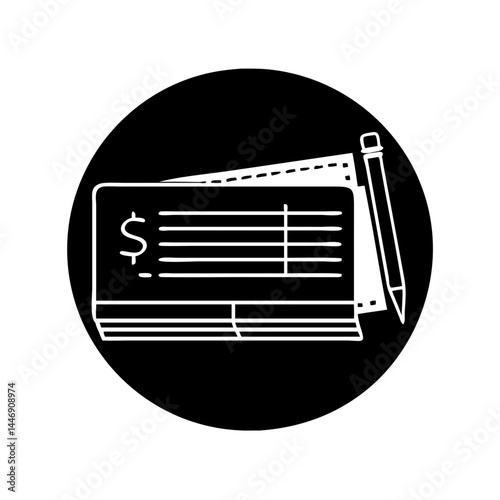 Simple line drawing of a checkbook and pen on a black background