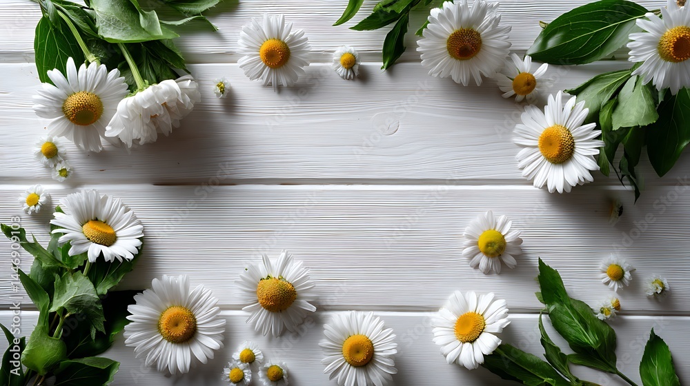 Fototapeta premium Top view floral frame on white wooden background flatlay flower border with center space layout for minimal botanical poster
