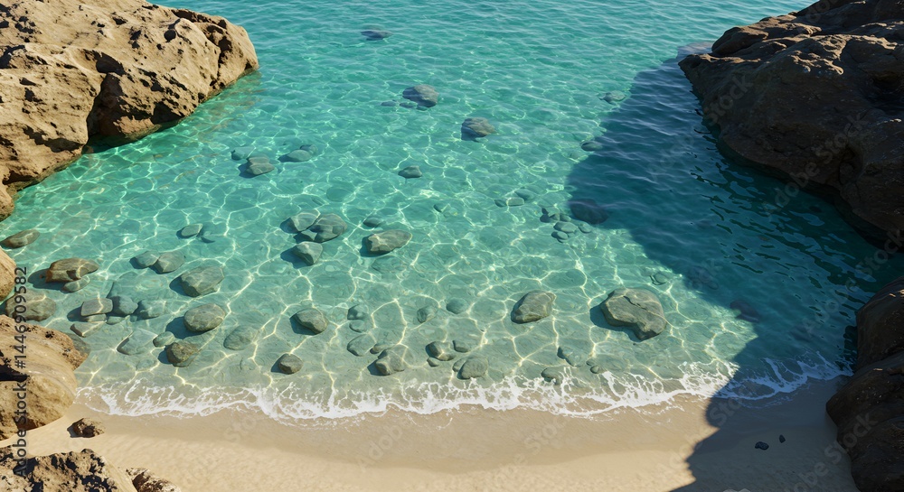 Obraz premium Crystal Clear Waters, A Tranquil Beach Cove with Rocks and Turquoise Sea