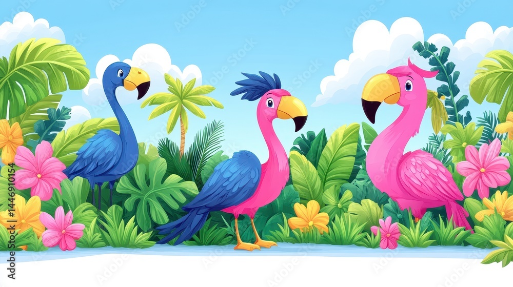 Obraz premium Colorful pixel art flamingoes in tropical garden with vibrant flowers and palm trees creating a lively tropical paradise background for children