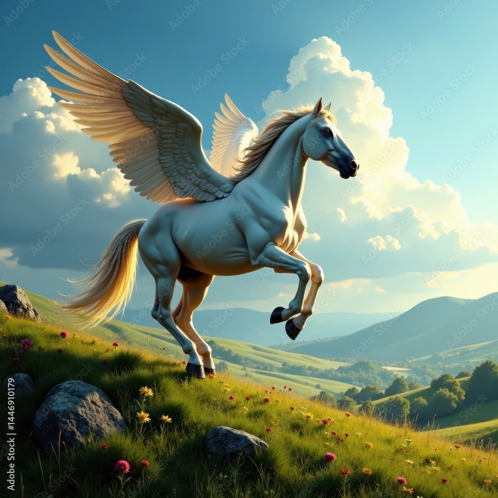 Fototapeta premium Winged horse glides effortlessly above rolling hills, horse, natural