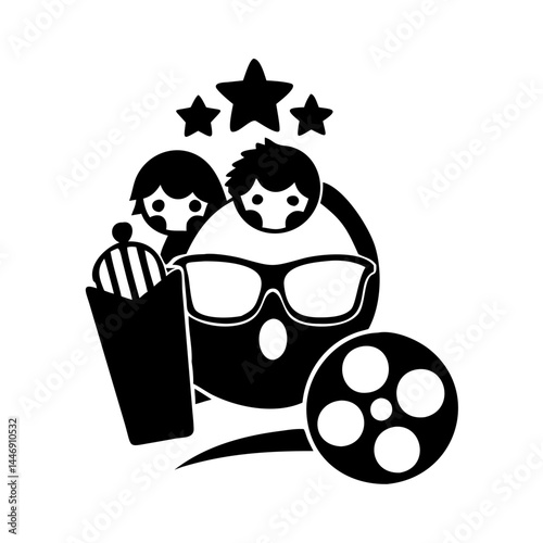 Iconic movie experience featuring popcorn, film reel, stars, and enthusiastic viewers