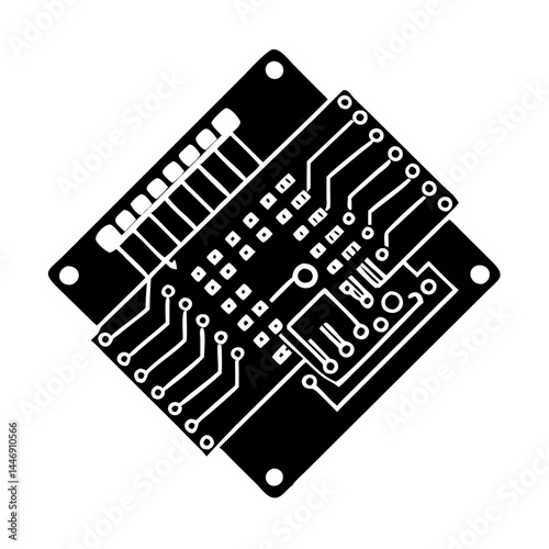 Monochrome depiction of a circuit board and associated components in great detail