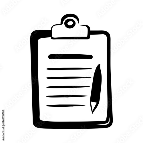 Black and White Clipboard Illustration Featuring a Paper and Pencil Icon
