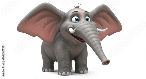 Adorable Cartoon Elephant with Oversized Ears and Playful Expression Stands on White Background for Children's Illustration and Animation