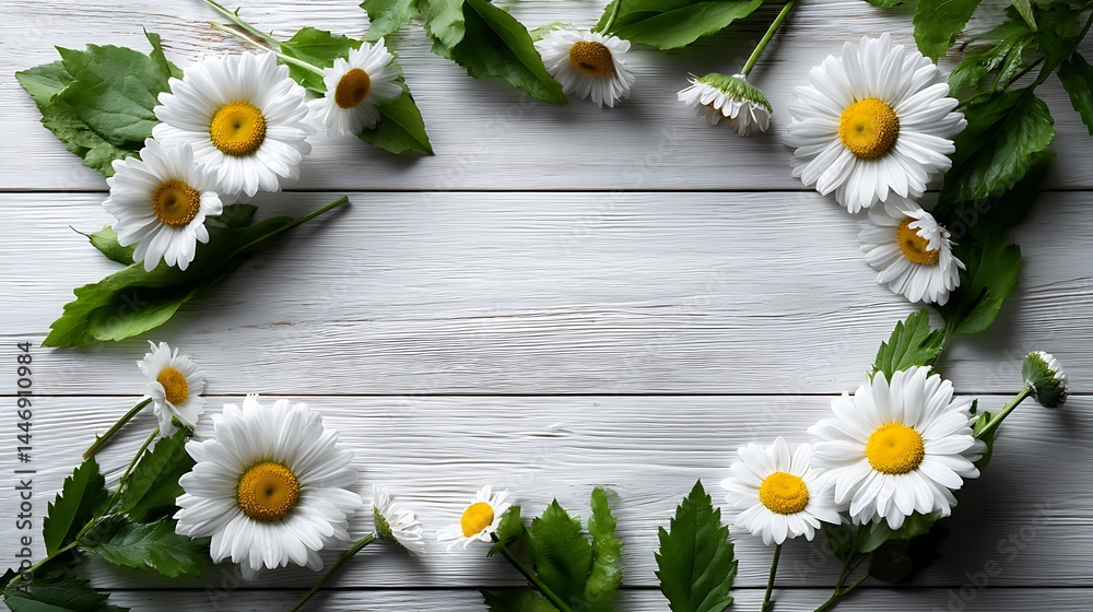 Obraz premium Top view floral frame on white wooden background flatlay flower border for minimal botanical poster design