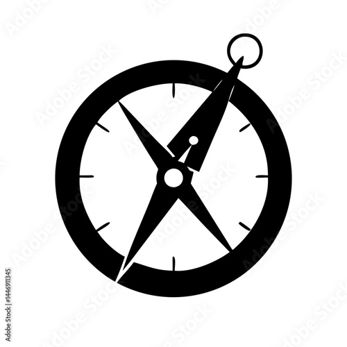 Simple black and white compass with circle ring and rotating needle