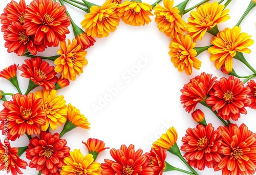 Vibrant red & yellow marigold buds in a watercolor semicircle arrangement, garden flowers, marigolds