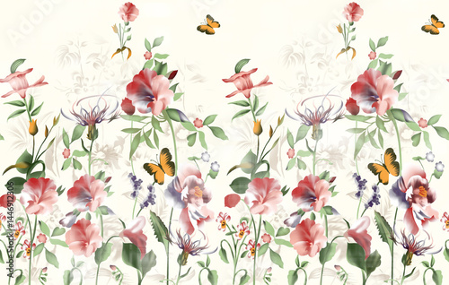 Fototapeta Naklejka Na Ścianę i Meble -  watercolor flower border pattern on white background