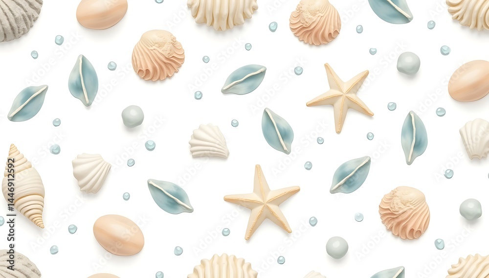 Obraz premium Flat vector pattern of seashells, coral fragments, and ocean bubbles in soft pastel blue and beige tones, scattered evenly on a solid white background for a beachy minimalist design.