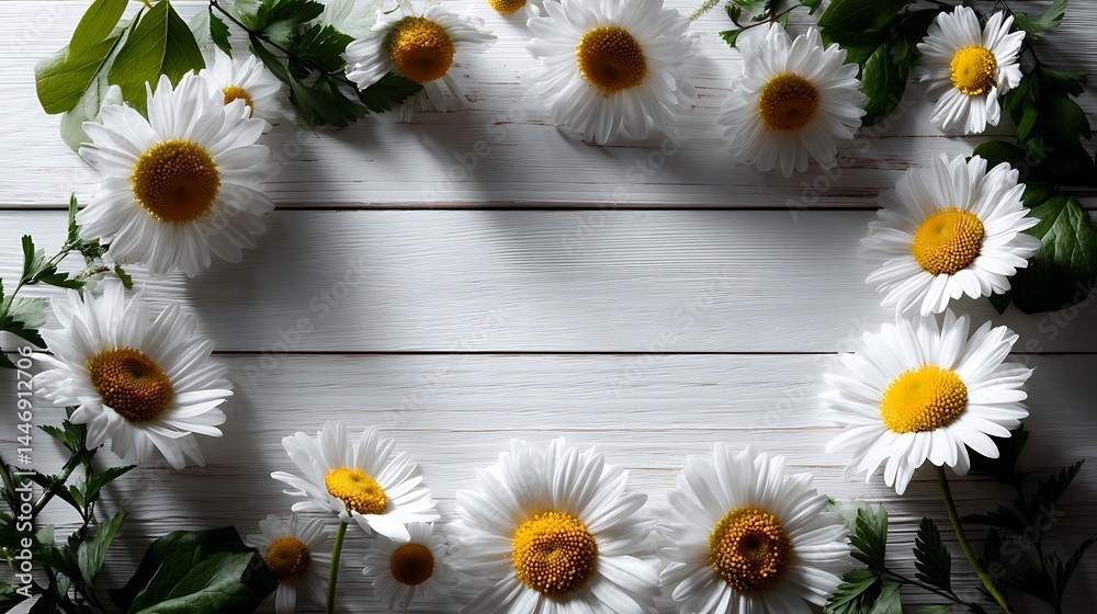 Fototapeta premium Top view floral frame with white wooden background flatlay flower border minimal botanical poster natural flower mockup